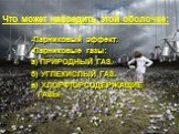 -Парниковый эффект. -Парниковые газы: а) ПРИРОДНЫЙ ГАЗ. б) УГЛЕКИСЛЫЙ ГАЗ. в) ХЛОРФТОРСОДЕРЖАЩИЕ ГАЗЫ. Что может навредить этой оболочке: