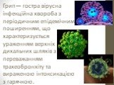 Грип— гостра вірусна інфекційна хвороба з періодичним епідемічним поширенням, що характеризується ураженням верхніх дихальних шляхів з переважанням трахеобронхіту та вираженою інтоксикацією з гарячкою.