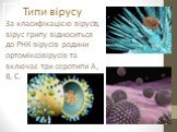 Типи вірусу За класифікацією вірусів, вірус грипу відноситься до РНК-вірусів родини ортоміксовірусів та включає три серотипи А, В, С.