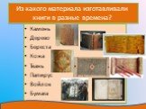 Из какого материала изготавливали книги в разные времена? Камень Дерево Береста Кожа Ткань Папирус Войлок Бумага