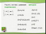 Решить систему уравнений методом подстановки. -3x=-3 X=-3: (-3) X=1 y=4-2*1 y=2 Ответ: (1;2). 2x+y=4 y=4-2x X+2*(4-2x)=5 X+8-4x=5 X-4x=5-8
