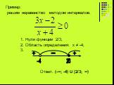 Пример: решим неравенство методом интервалов. 1. Нули функции 2/3; 2. Область определения: х ≠ -4; 3. Ответ: (-∞; -4) U [2/3; ∞)