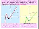 -1 0 х у y=f(x) y=g(x). Касательная в таких точках графика параллельна оси ОХ, а поэтому производная в этих точках равна 0; Внутренние точки области определения функции, в которых производная равна нулю или производная не существует, называются критическими. Касательная в таких точках графика не сущ