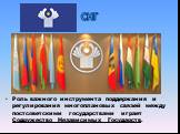 СНГ. Роль важного инструмента поддержания и регулирования многоплановых связей между постсоветскими государствами играет Содружество Независимых Государств.
