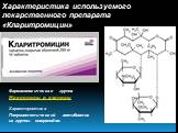 Характеристика используемого лекарственного препарата «Кларитромицин». Фармакологическая группа Макролиды и азалиды Характеристика Полусинтетический антибиотик из группы макролидов.