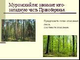 Муромский лес занимает юго-западную часть Правобережья. Предложите план описания леса, составьте описание.