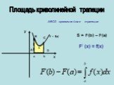 Площадь криволинейной трапеции. y x B C D A a b Y = f(x) s. ABCD –криволинейная трапеция. S = F(b) – F(a) F/ (x) = f(x)