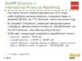 На сайте hh.ru в первые два месяца 2012 года работодатели интересовались специалистами со знанием МСФО на 17% больше, чем в прошлом году. В среднем специалист, знающий международные стандарты финансовой отчетности, зарабатывает на 30-50% больше, чем обычный бухгалтер*. В Москве следующие показатели 