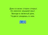Дом со всех сторон открыт, Он резною крышей крыт. Заходи в зеленый дом, Чудеса увидишь в нем. лес