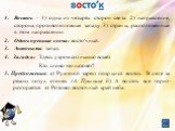 Восток – 1) одна из четырёх сторон света. 2) направление, сторона, противоположная западу. 3) страны, расположенные в этом направлении. Однокоренные слова: востоʹчный. Антонимы: запад. Загадка: Здесь утром солнышко встаёт. Кто слово это назовёт? 5. Предложения: а) Румяной зарею покрылся восток. В се