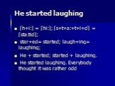 He started laughing. [h+i:] = [hi:]; [s+t+a:+t+i+d] = [sta:tid]; star+ed= started; laugh+ing= laughing; He + started; started + laughing. He started laughing. Everybody thought it was rather odd