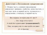 2. Вторая часть сложного предложения определяет признаки, свойства, качества того, о чем идет речь в первой части, и относится к определению, стоящему в первой части. Вон, видишь ли через реку тот мост? ... Он с виду хоть и прост, А свойство чудное имеет (а какое именно?): Лжец ни один у нас по нем 