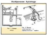 Изобретения Архимеда. Рис. 1. Поющая птичка. Рис. 2. Машина, захватывающая и опрокидывающая корабли
