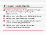 Функции маркетинга. Дихтель Е., Хершген Х. выделили четыре фазы развития функций службы маркетинга: маркетинг как функция распределения; маркетинг как функция продаж; маркетинг как равноправная функция в управлении предприятием; маркетинг как главная функция управления предприятием.