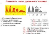 Плавкость золы древесного топлива. Исходный образец (конус) Начало деформации T1 (IT) = 1150 – 1490°C; Температура размягчения T2 (ST) = 1180 – 1525°C; Точка начала плавления T3 (HT) = 1230 – 1650°C; Точка растекания T4 (FT) = 1250 – 1650°C. IT – Initial deformation Temperature; ST – Softening Tempe