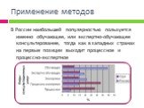 Применение методов. В России наибольшей популярностью пользуется именно обучающее, или экспертно-обучающее консультирование, тогда как в западных странах на первые позиции выходит процессное и процессно-экспертное