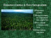 Взаимосвязи в биогеоценозе. 1)Перенос семян 2)Использование деревьев как укрытие 3)Регуляция углекислого газа 4)Опыление цветков