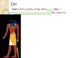 Сет. Сет (Сетх, Сутех, Сута, Сети егип. Stẖ) — в древнеегипетской мифологии бог ярости.
