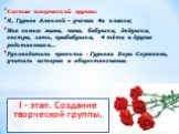 Состав творческой группы: Я, Гурьев Алексей – ученик 4а класса; Моя семья: мама, папа, бабушка, дедушка, сестра, зять, прабабушка, 4 тёти и другие родственники… Руководитель проекта - Гурьева Вера Сергеевна, учитель истории и обществознания.