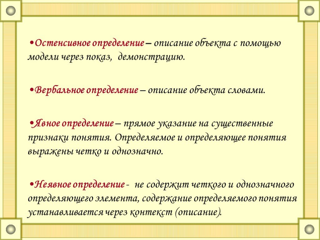 Определяемое и определяющее понятие. Остенсивное определение. Виды определений понятий. Пример остенсивного определения. Определение определения.