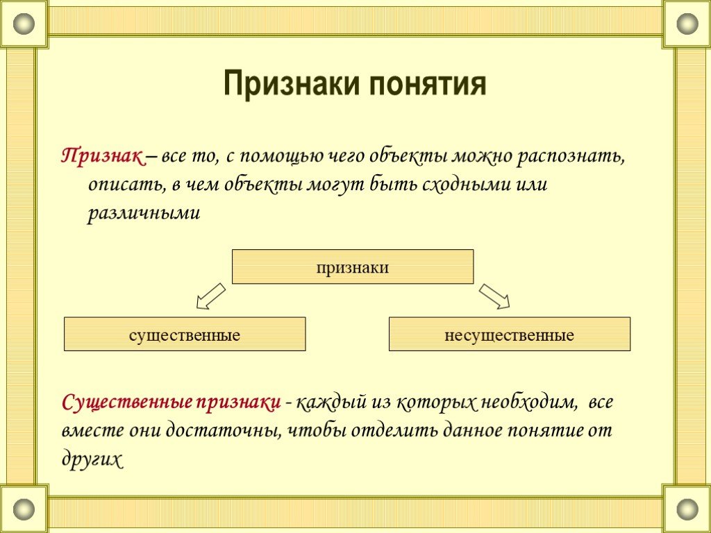 Отличительным признаком понятия. Признаки понятия. Признаки понятия примеры. Существенные признаки понятия. Основные признаки понятия.