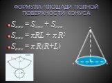 ФОРМУЛА ПЛОЩАДИ ПОЛНОЙ ПОВЕРХНОСТИ КОНУСА. Sппк = Sбпк + Sосн Sппк = πRL + π R2 Sппк = π R(R+L)