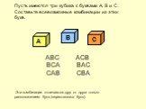 Пусть имеются три кубика с буквами А, В и С. Составьте всевозможные комбинации из этих букв. ABC АСВ ВСА ВАС CAB CBA Эти комбинации отличаются друг от друга только расположением букв (перестановка букв). А В С