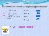 - какое число? I II III IV 2=x² X0 =27 X0 = 36 X0=8 X0= нет да. Является ли число x0 корнем уравнения?