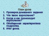 План урока Проверка домашнего задания Что такое взросление? Когда и как происходит взросление? Обобщенная характеристика подростка. Итог урока.