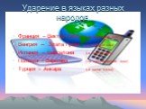 Ударение в языках разных народов. Франция – Виктор Гюго ( на последний слог ) Венгрия -- Злата Прага ( на первый слог) Испания – Барселона (на третий слог) Польша – Варшава ( на предпоследний слог) Турция – Анкара (на конце слова)