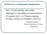 Золотое созвездие Зауралья. Нет, не зря звезда моя жива, Мерцает в поднебесье тихим светом, Я сделал всё, что Родина ждала,- И лишь прошу не позабыть об этом Валерий Бурков, Герой Советского Союза, г. Шадринск