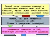 Найдите соответствия: Каждой точке плоскости ставится в соответствие какая-то точка этой же плоскости, причем любая точка плоскости оказывается сопоставленной некоторой точке. Говорят, что дано отображение плоскости на себя. (Осевая и центральная симметрии). Отображение плоскости на себя, сохраняюще