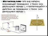 Магнитное поле - это вид материи, окружающей проводники с током (или движущиеся заряды ), и проявляющейся в действии на проводники с током (или движущиеся заряды ).