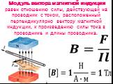 Модуль вектора магнитной индукции равен отношению силы, действующей на проводник с током, расположенный перпендикулярно вектору магнитной индукции, к произведению силы тока в проводнике и длины проводника.