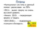 Планы. Функционал системы в данный момент реализован на 50% 2011г.- вывел фирму на очень высокий уровень Начало 2013г. - лидирующая фирма в Гродно. 2015-2016г.г. - лидирующие позиции в Беларуси.
