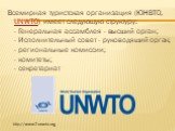 Всемирная туристская организация (ЮНВТО, UNWTO) имеет следующую структуру: - Генеральная ассамблея - высший орган; - Исполнительный совет - руководящий орган; - региональные комиссии; - комитеты; - секретариат. http://www2.unwto.org