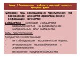 Категории лиц, совершивших преступления (по содержанию ценностно-ориентационной деформации личности): 1.Корыстная – категория с корыстной направленностью на распределение материальных благ в обществе. Виды преступников: А)корыстно-хозяйственные: не соблюдающие экологические нормы, игнорирующие налог