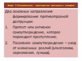 Два основных направления формирования противоправной деструкции: Протест или активное самоутверждение, которое порождает преступление. Пассивное самоутверждение – уход от жизненных реалий (алкоголизм, наркомания, суицид).