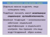 Отдельно можно выделить лицо четвертого типа. Подобная личность имеет негативную социальную аутоидентичность. Основная тенденция – неосознаваемое избегание социальной идентификации и социального контроля. Как правило эти лица ведут бездомный образ жизни.