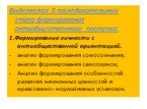 Выделяется 3 последовательных этапа формирования антиобщественного поступка: 1.Формирование личности с антиобщественной ориентацией. анализ формирования сомосознания; анализ формирования самооценок; Анализ формирования особенностей развития жизненных ценностей и нравственно- нормативных установок.