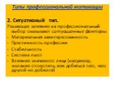 Типы профессиональной мотивации 2. Ситуативный тип. Решающее влияние на профессиональный выбор оказывают ситуационные факторы: Материальная заинтересованность Престижность профессии Стабильность Система льгот Влияние значимого лица (например, желание отомстить, или добиться того, чего другой не доби