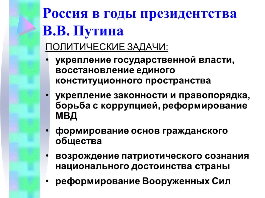 Политические задачи. Экономические реформы Путина. Экономические реформы 2000-2008. Политическое развитие 2000-2008. Укрепление государственной власти.