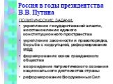 ПОЛИТИЧЕСКИЕ ЗАДАЧИ: укрепление государственной власти, восстановление единого конституционного пространства укрепление законности и правопорядка, борьба с коррупцией, реформирование МВД формирование основ гражданского общества возрождение патриотического сознания национального достоинства страны ре