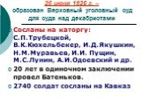 Сосланы на каторгу: С.П.Трубецкой, В.К.Кюхельбекер, И.Д.Якушкин, Н.М.Муравьев, И.И. Пущин, М.С.Лунин, А.И.Одоевский и др. 20 лет в одиночном заключении провел Батеньков. 2740 солдат сосланы на Кавказ