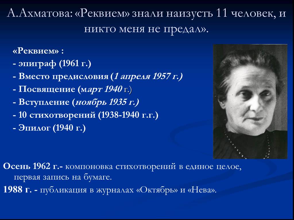 Идея реквием ахматовой. Поэма «Реквием»(1935-1940). Предисловие Реквием Ахматова. Тема Реквием Ахматова.