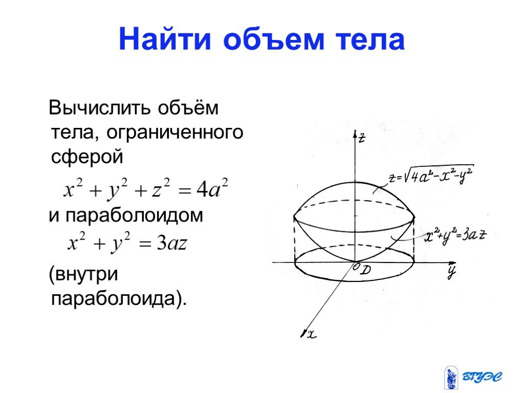 Вычислить объем тела ограниченного. Вычислить объем тела ограниченного заданными поверхностями. Вычислить объем тела ограниченного параболоидом и сферой. Объем параболоида вращения.