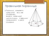 Правильная пирамида. Пирамида называется правильной, если ее основанием является правильный многоугольник, а вершина проецируется в центр основания.