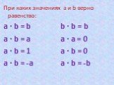 При каких значениях a и b верно равенство: a · b = b b · b = b a · b = a a · a = 0 a · b = 1 a · b = 0 a · b = -a a · b = -b