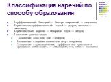 Классификация наречий по способу образования. 1.суффиксальный: быстрый — быстро, творческий — творчески; 2.приставочно-суффиксальный: сухой — досуха, изнанка — наизнанку; 3.приставочный: хорошо — нехорошо, куда — никуда; 4.сложение разных видов: 1.сложение слов: еле, еле — еле-еле; 2.сложение с перв