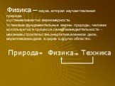 ,Физика – наука, которая изучает явления природы и устанавливает их закономерности. Установив фундаментальные законы природы, человек использует их в процессе своей жизнедеятельности – механике,строительстве,энергетике,военном деле, мореплавании,даже в цирке и других областях. Природа Физика Техника